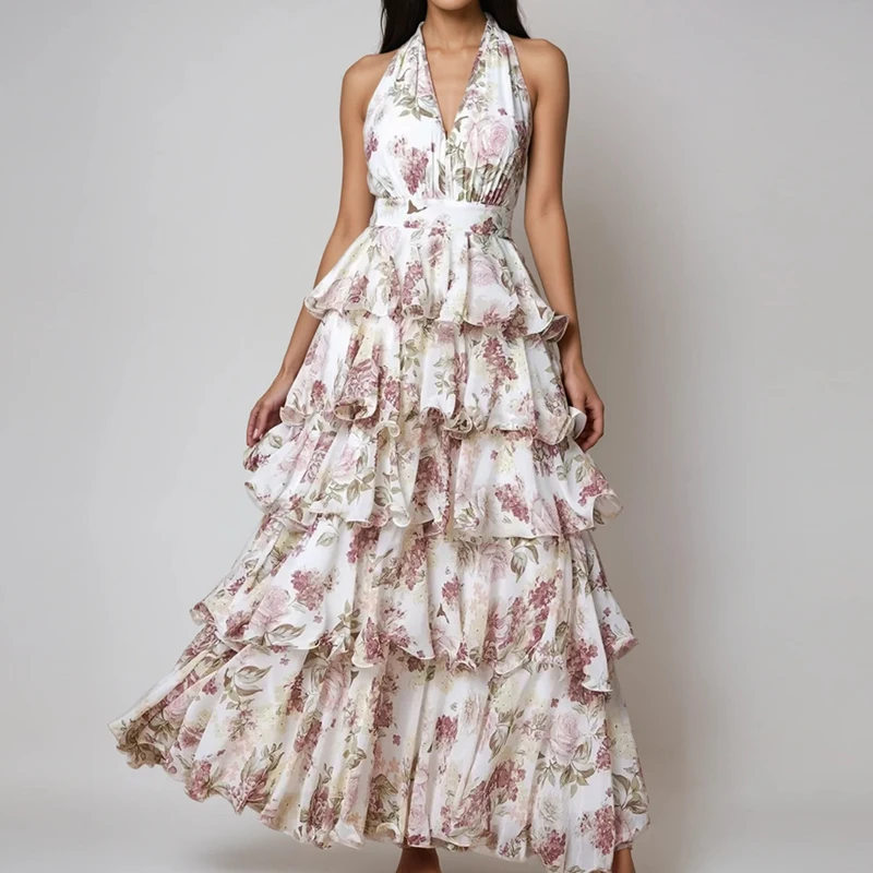 女性のセクシーな背中の開いた中空アウトロングドレスファッションフラワープリントボヘミアンパーティードレスエレガントな V ネックホルターレイヤー休暇ドレス