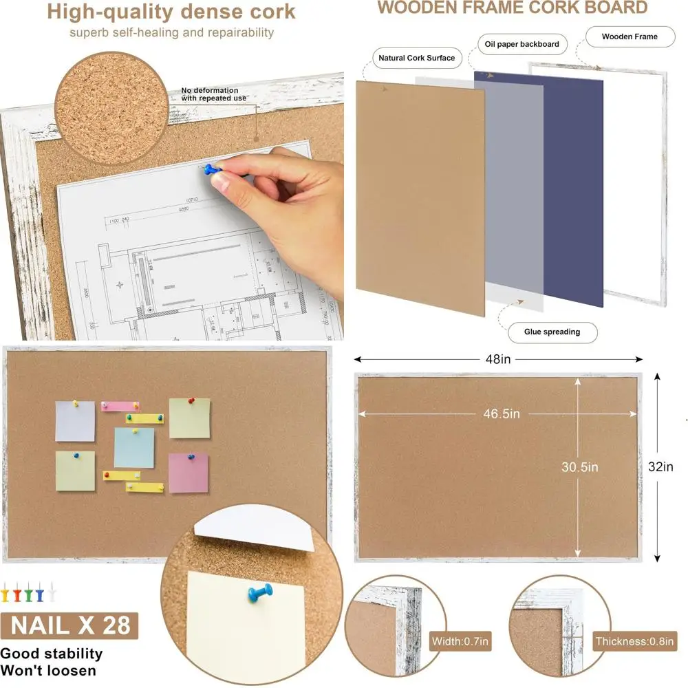 Large 48x32 White Framed Cork Board - Wall Mountable Message Center with 28 Pins