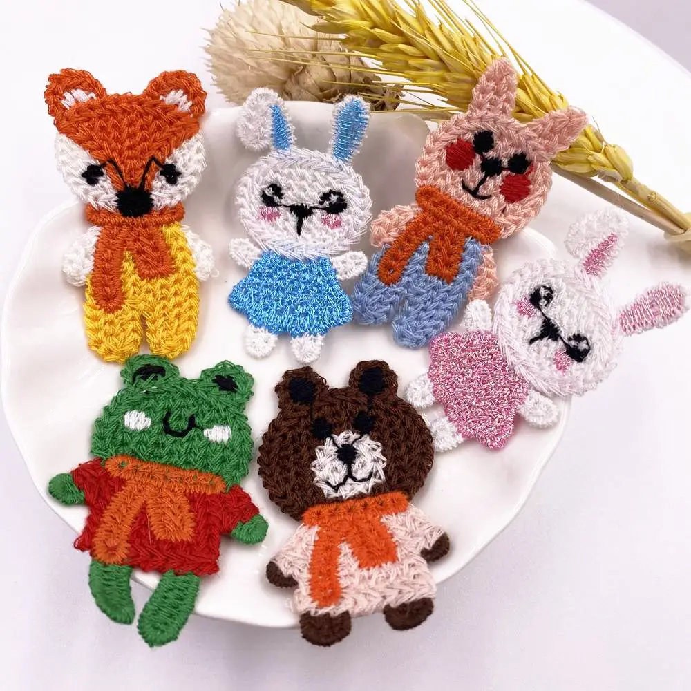 12 sztuk bawełna Knitting Cartoon królik niedźwiedź lis żaba haftowana naszywka aplikacja do szycia DIY ubrania kapelusz buty akcesoria dekoracyjne