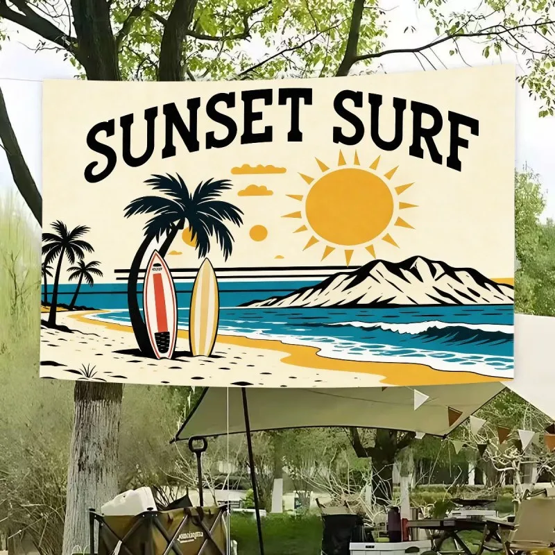 VIKAMA Sunset Surf Beach Tapestry Retro Palm Tree Surfboard Graphic Wall Hanging Aesthetic Decor Bedroom Dorm Room