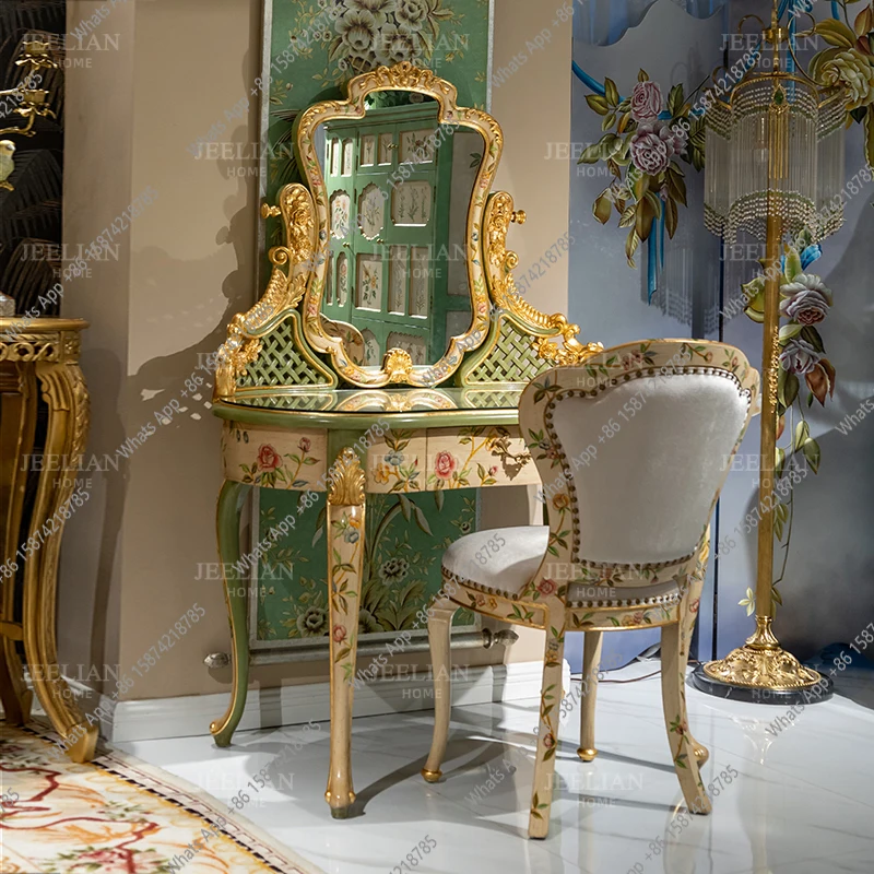 French court style romantic bedroom furniture makeup table European exquisite solid wood painted dresser