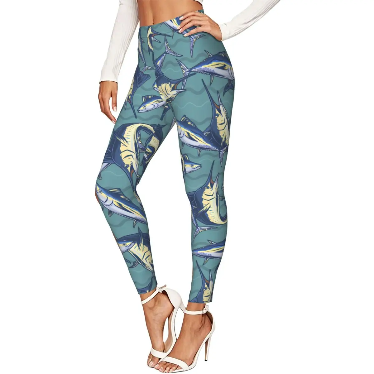 Women Full Length Elastic Leggings High Waist Tight Pants Marine Fish Pattern Casual Bottoms