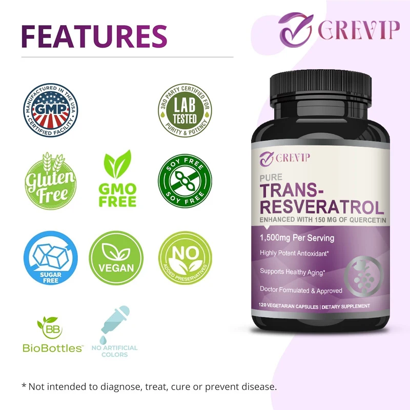 Pure Trans-Resveratrol 1500 Mg - Contains Quercetin Dihydrate, Non-GMO