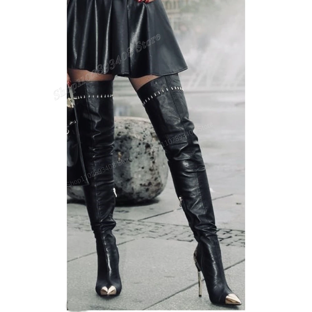 Black Rivets Matte Leather Over the Knee Boots Elastic Pointed Stiletto High Heel Fashion Women Shoes 2024 Zapatos Para Mujere