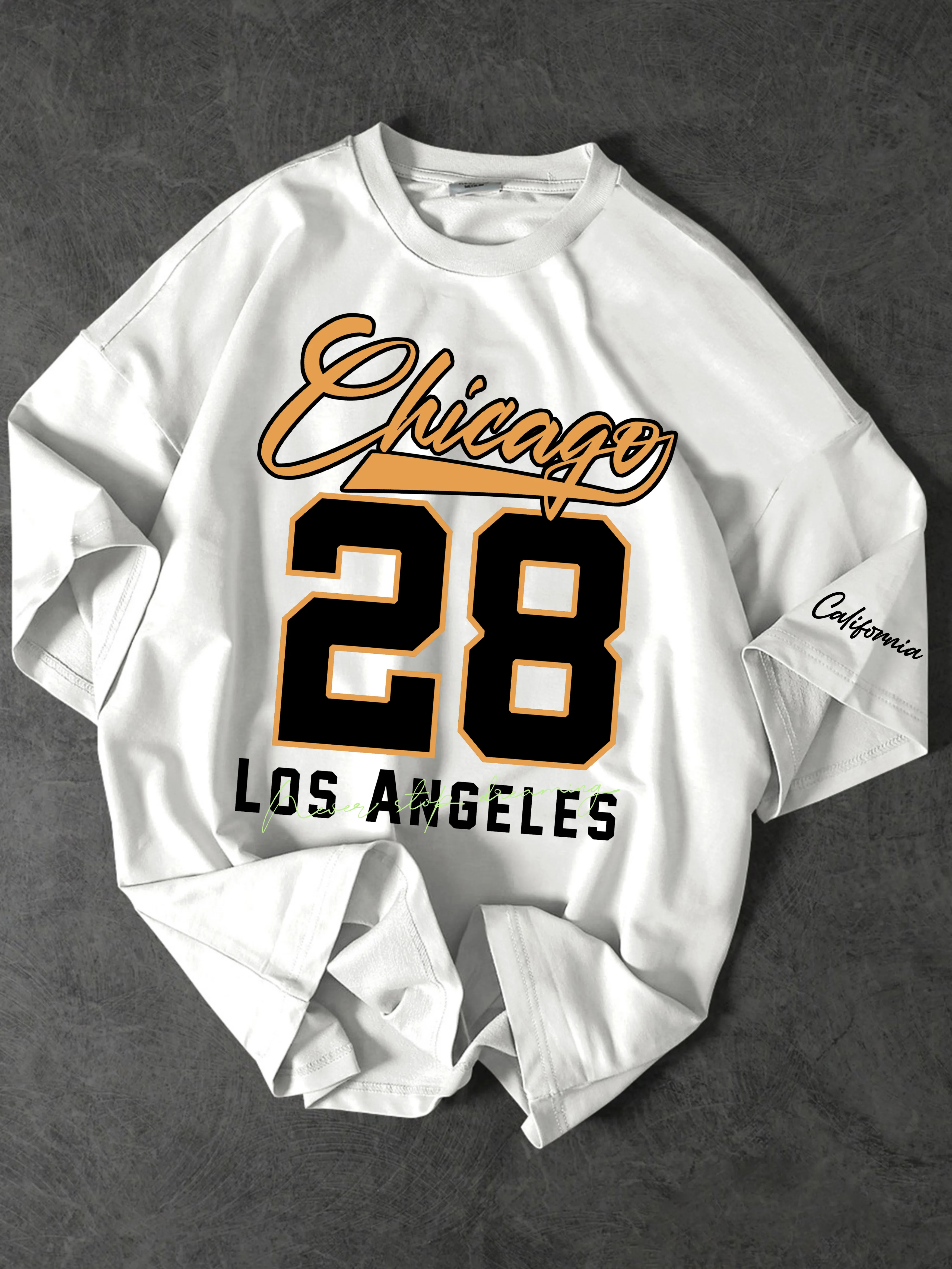Men Summer Fashion Printed T-Shirt Chicago 28 Los Angeles California Varsity Font Chest & Sleeve Print Machine Washable S-XXL