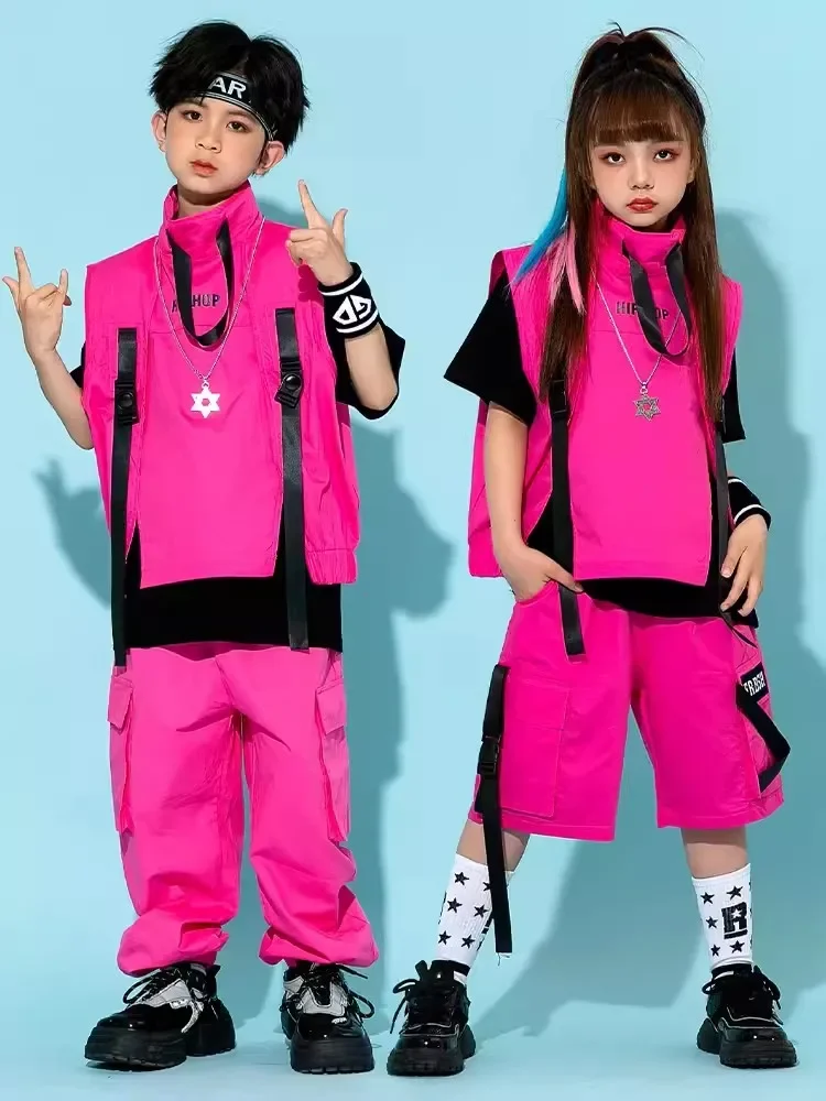 Children Hip Hop Costume Boys Girls Jazz Dance Fashion Clothing Pink Vest Pants Street Dance Drum Stage Performance Wear