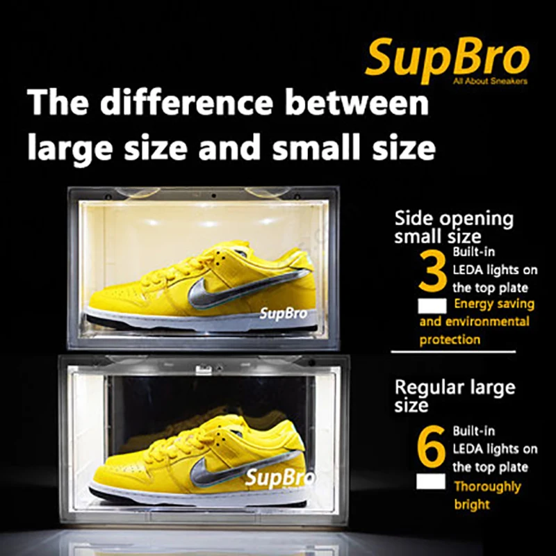 SupBro Crate Small Size LED Voice Activated Light Emitting Collection Shoes Box Side Opening AJ Sneaker Storage Box Shoe Wall