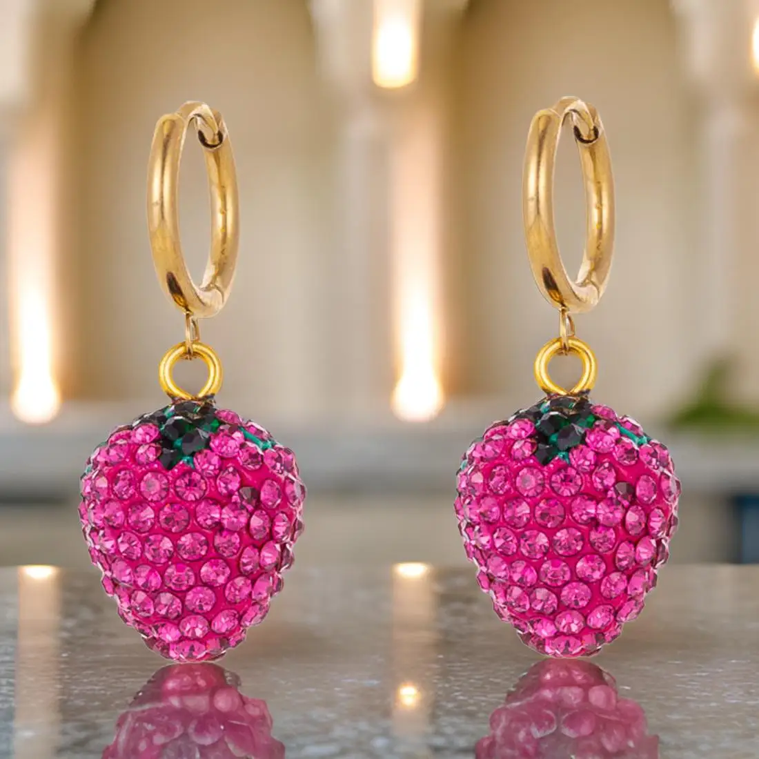 Trendy 18K Gold-Plated Clay Heart & Strawberry Crystal Earrings - Women's Fashion Jewelry