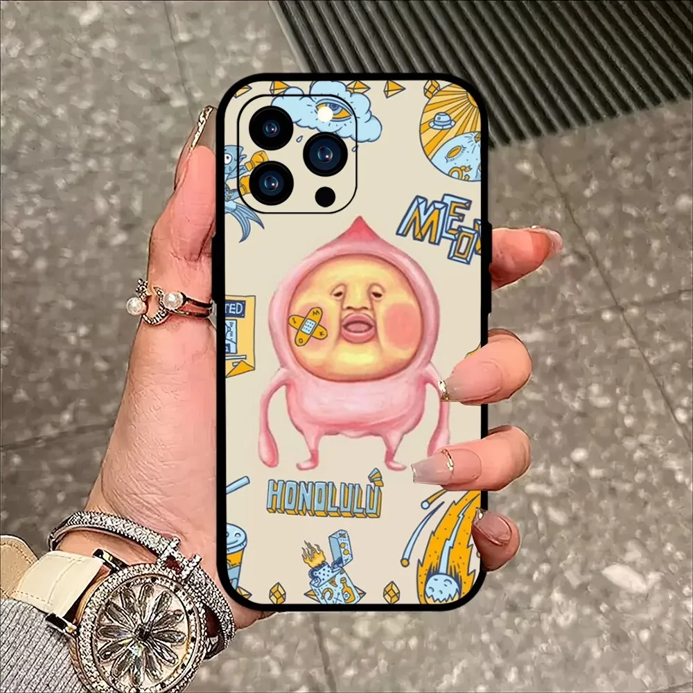 Cute Cartoon Kobito Peach Phone Case For iPhone Mini 11 12 13 14 15 Pro XS Max X Plus SE XR Black Soft Shell