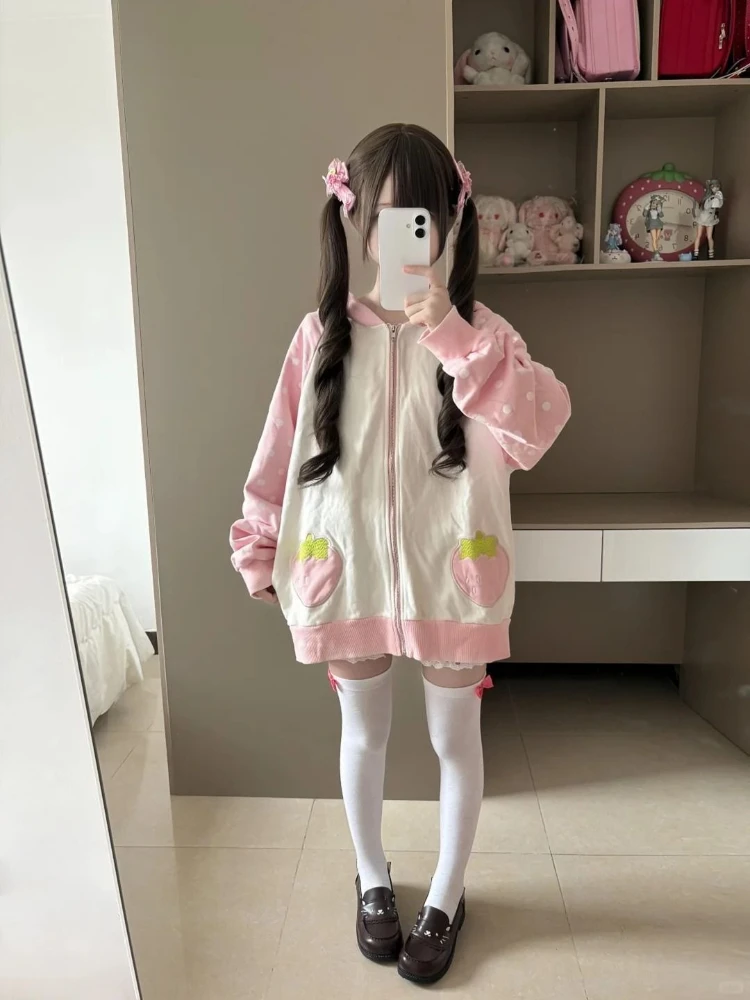 Japanese Sweet Kawaii Hooded Coat Women Cute Polka Dot Cute Patchwork Loose Cardigan New Fashion Design Lovely Clothing Autumn