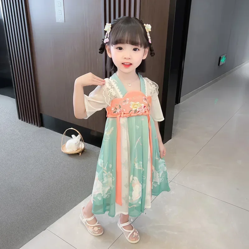 Traditional Girls Fairy Costume Outfit for Girl Hanfu Floral Embroidery Dress Chinese Style Photography Cosplay Tang Suit