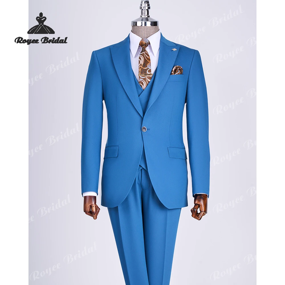 ブルーの3ピースメンズスーツ 結婚式2026 シングルブレストピークドラペル イブニングビジネススーツ カスタムメイド 男性用スーツ
