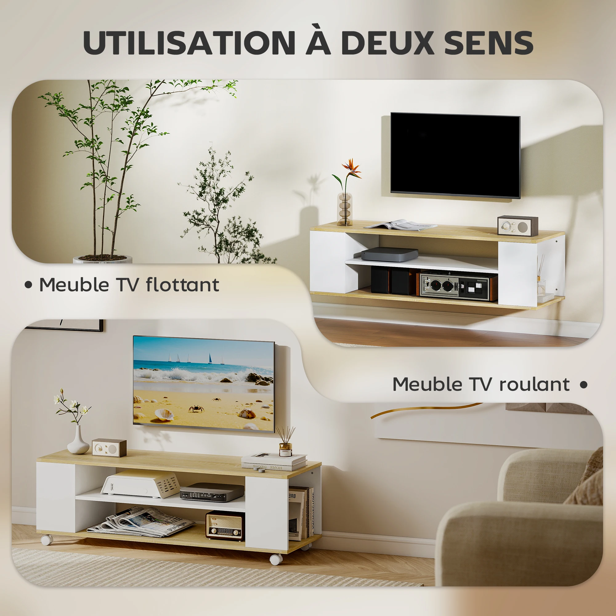 Mueble TV HOMCOM con ruedas, 120 cm, mueble para televisores de hasta 55 pulgadas, 2 estantes abiertos, blanco y natural