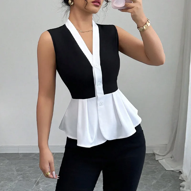 2025 Summer New Fashion American European Women's Sleeveless Shirts Casual Trendy V-neck Color-coded Single-breasted Shirts Tops
