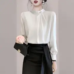 Women Beaded Pleated Design Elegant Blouse Autumn Fashion Office Lady Business Casual Shirts Solid Stand Collar Long Sleeve Tops