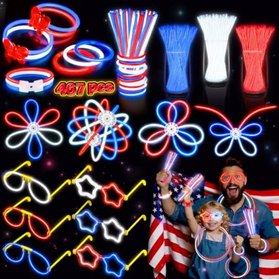 

4th of July Accories:in the Dark 250th Party Favors Necklace Bracelets Glasses for Adults 210 8" with Connectors Light Up Toys