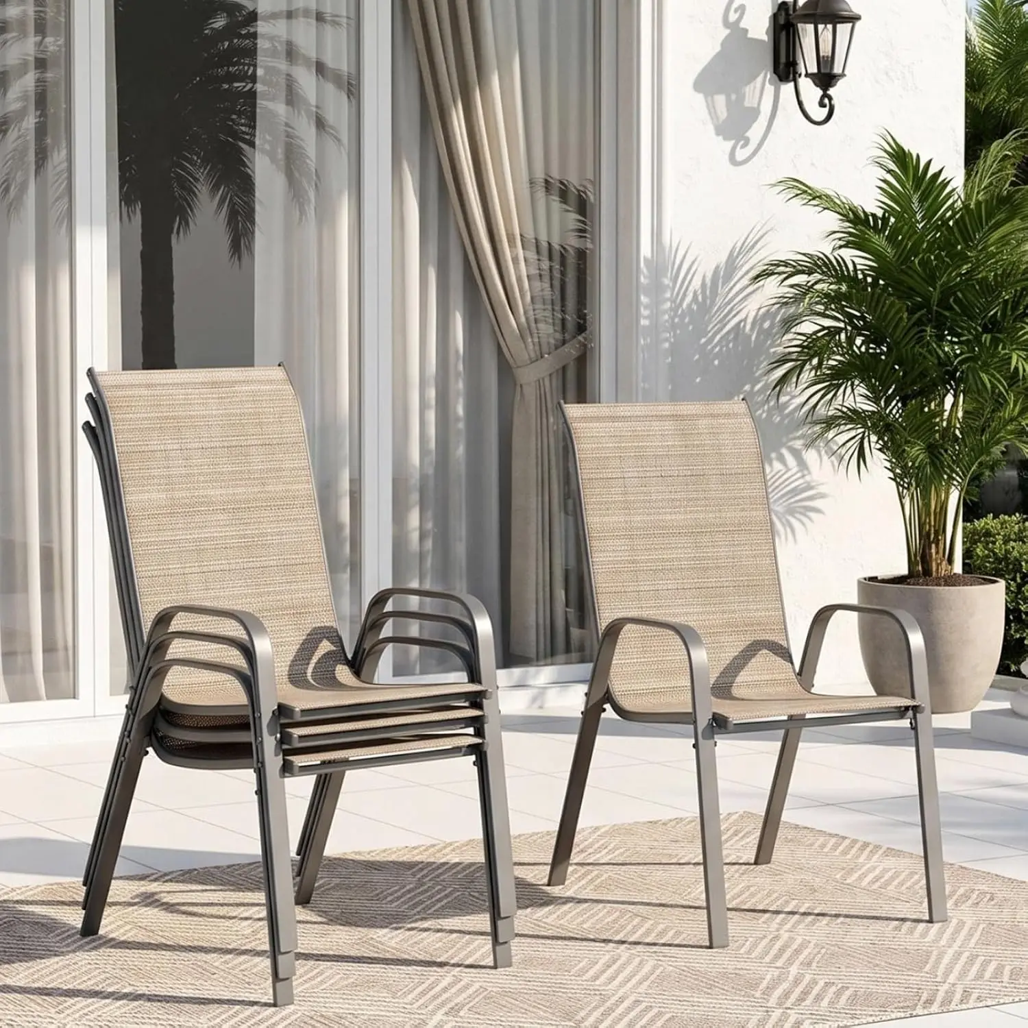 Patio Chair, Outdoor Stackable Textilene Chairs Set of 4, Brown, Customized