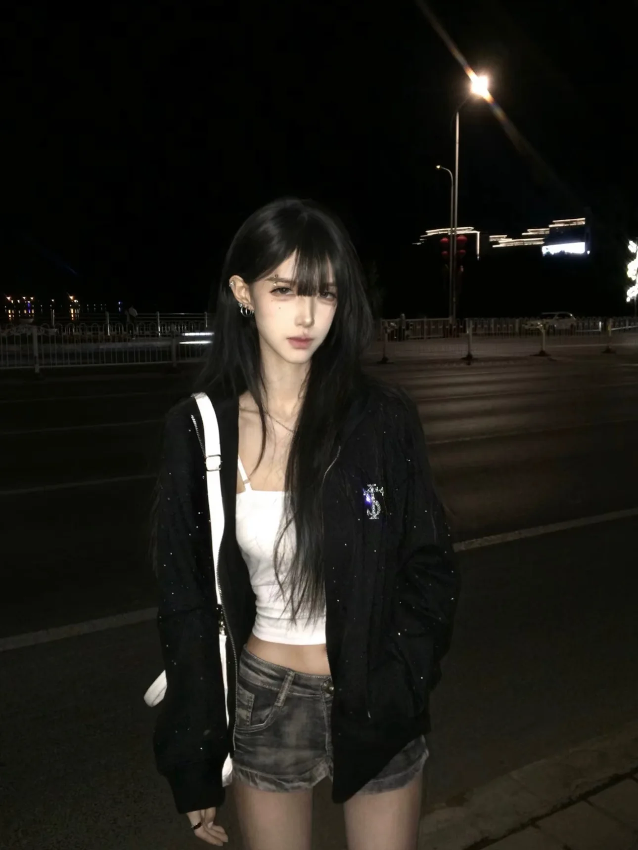 Black Zipper Loose Women's Hoodie Cardigan Spring Autumn Casual Design Sense Star Pattern Diamond Heat Transfer Outerwear