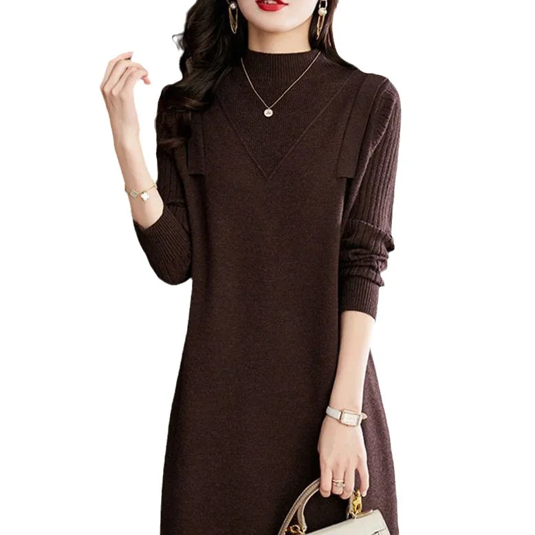 Elegant Solid Ribbed Knitted Short Dress For Women 2024 Long Sleeve High Neck Mini Dresses Fashion Autumn And Winter Lady R111