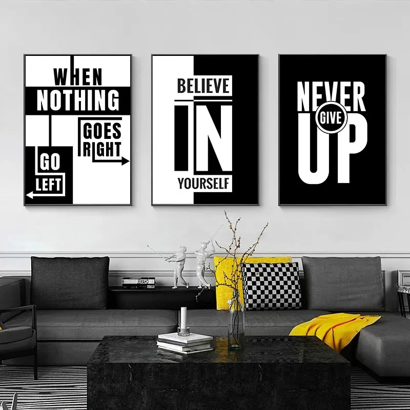Affiche d'art sur toile avec citations inspirantes en noir et blanc, imprimés d'images décoratives murales simples et modernes pour le bureau, peinture de décoration pour la maison