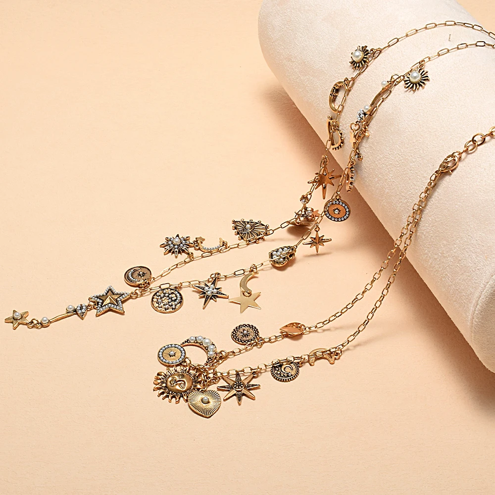 

Vintage Gold Color Moon Star Pendant Necklace For Women Bohemian Metal Charm Jewelry Vacation Party Gift