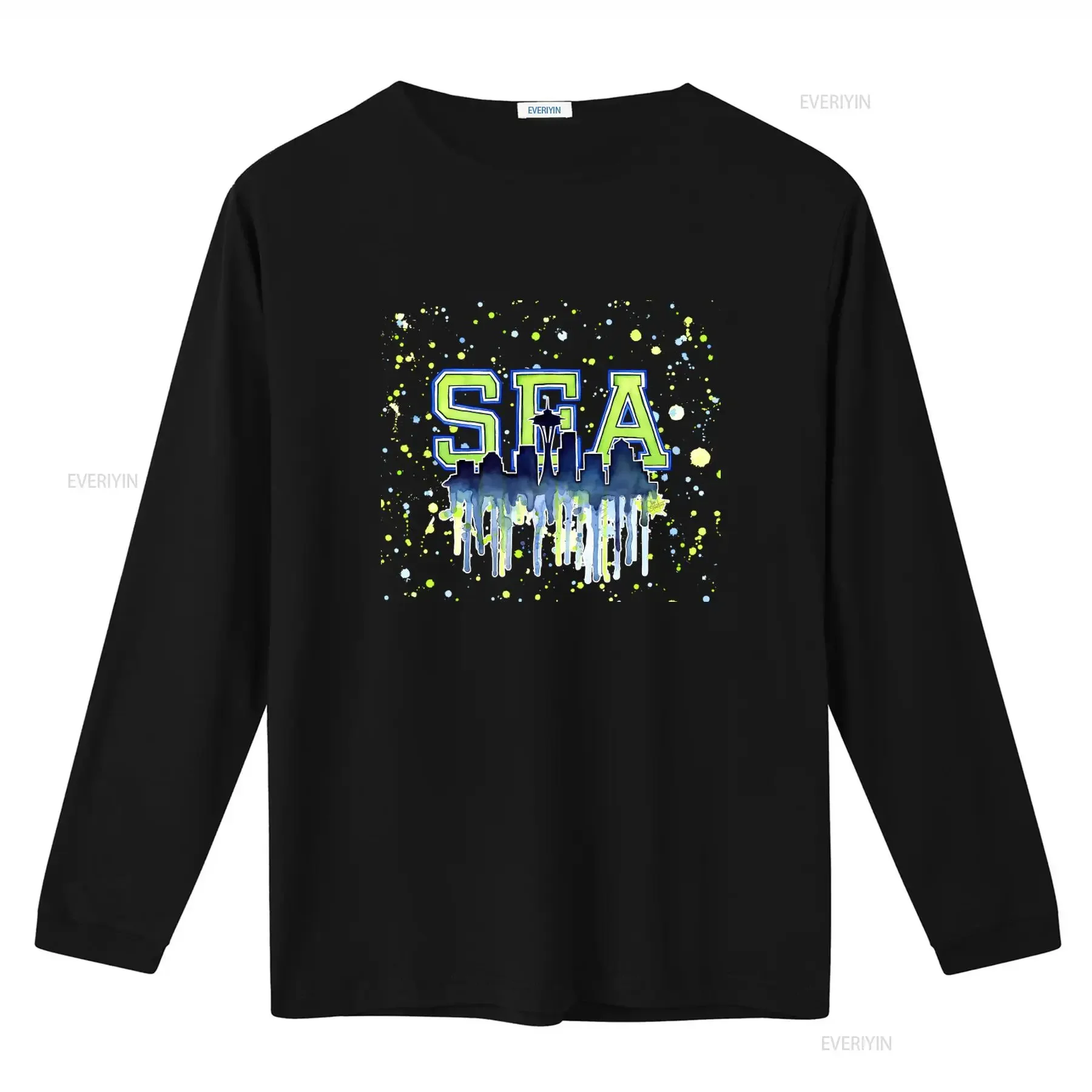 Seattle Watercolor Space Needle Art Painting T Shirt 12th Man Go Seahawks Design vintage Washed streetwear homme Unisex