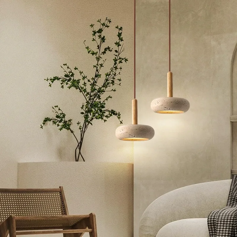 Round Japanese Stone LED Pendant Lamp, Wood Chandelier, Bedroom Bedside Light, Dining Table Style, Modern Home