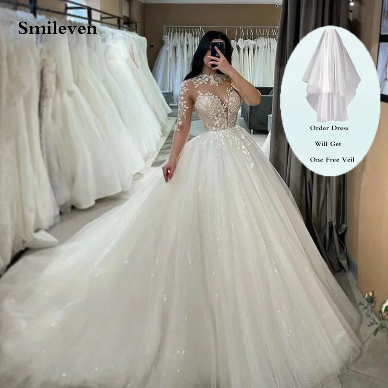 Smileven-vestidos de novia de encaje de manga larga, vestidos de novia con cuello alto y apliques brillantes, vestidos de novia de tul brillante 2026