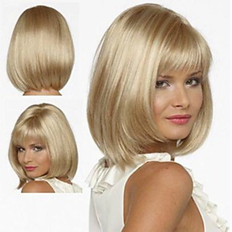 HAIRJOY Women Synthetic  Wigs Short Straight Bob Hairstyle Blonde HighLights Hair Wig Heat Resistant Fiber