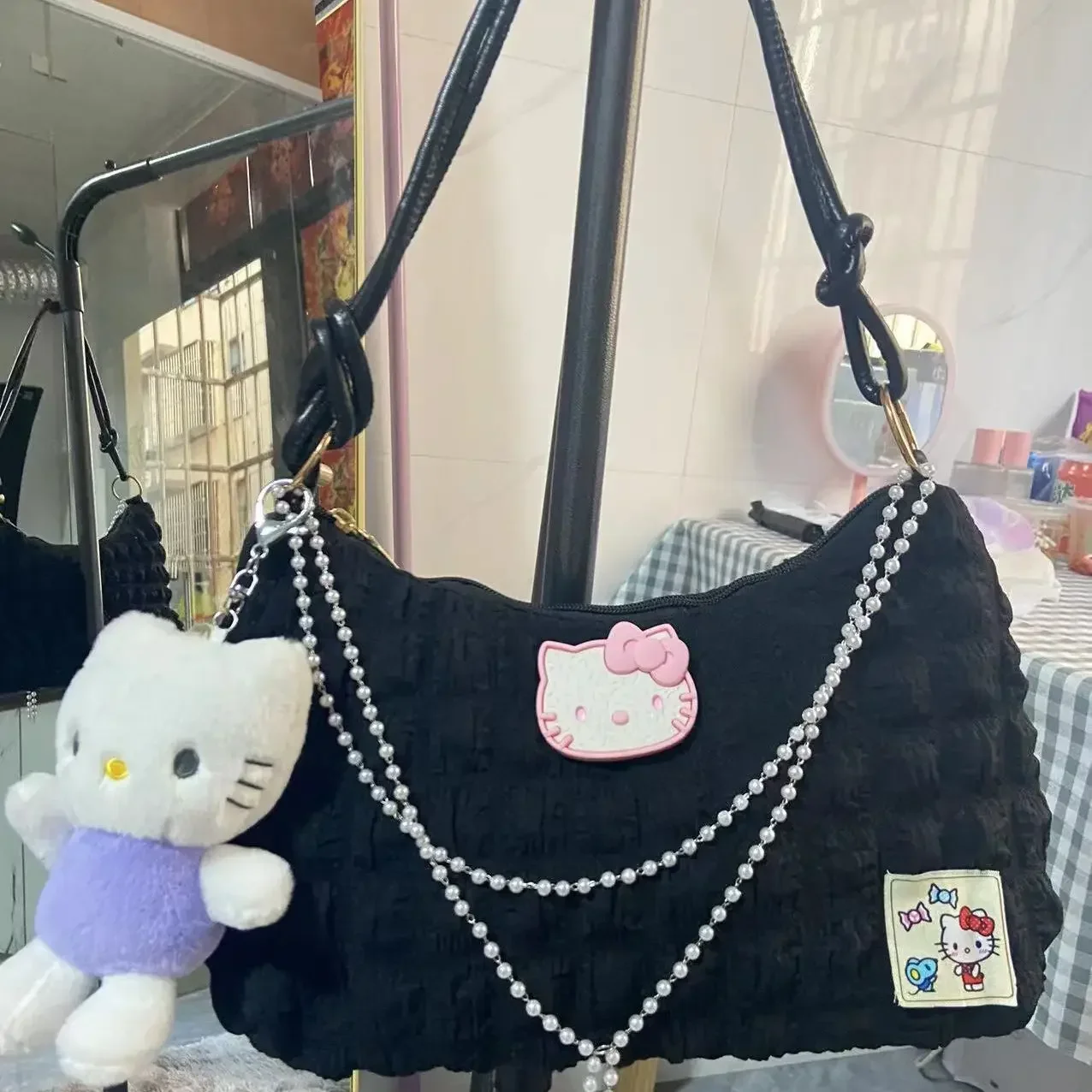 Sanurgente-Sac sous les bras Hello Kitty pour fille, sac à bandoulière de couleur contrastée, sac à main à chaîne de perles, sac fourre-tout, mode