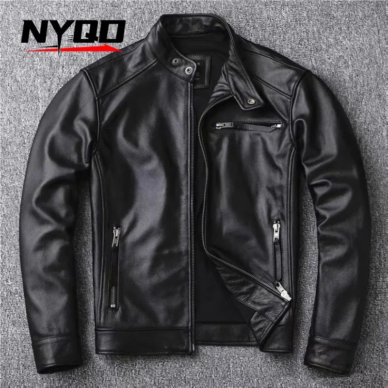 High End Genuine Leather Jacket for Men Top Layer Cowhide Retro Distressed Stand Up Collar Motorcycle Leather Jacket מעיל אופנוע