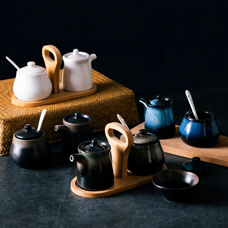 

Ceramics Spice Jar Seasoning Box Oil Salt Sugar Pepper Shaker Condiments Storage Bottle Holder Kitchen Gadget