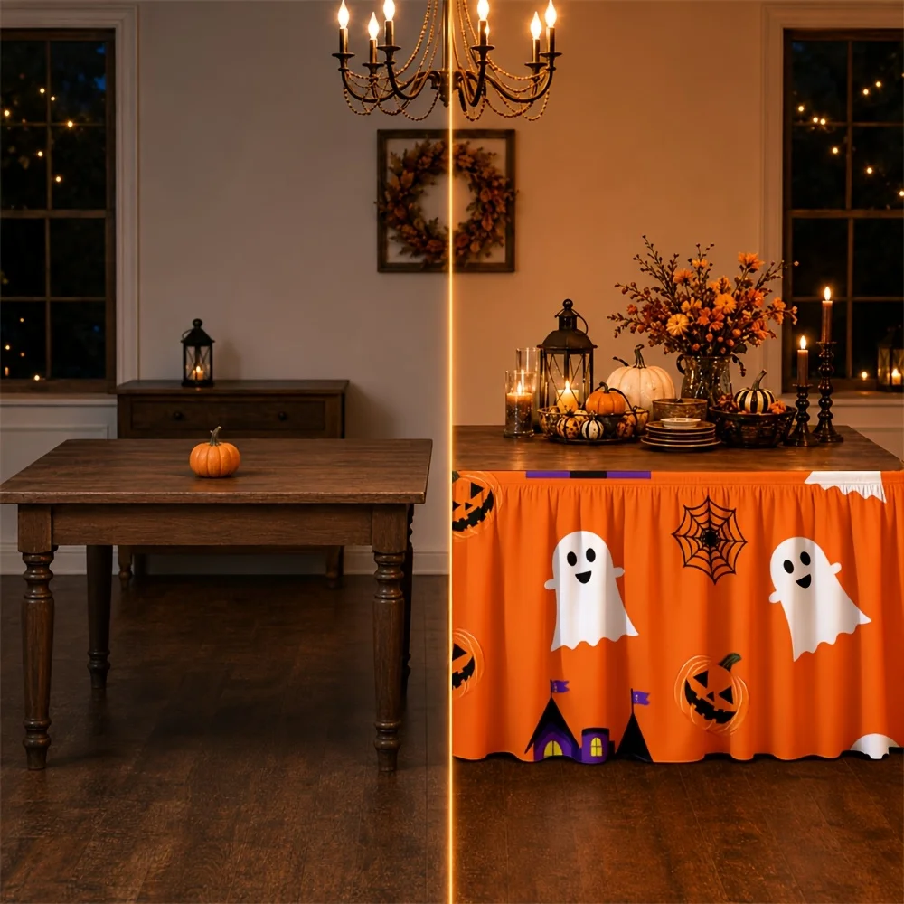 Halloween-themed tablecloth, featuring ghost, pumpkin, spider web and haunted house patterns.zyc