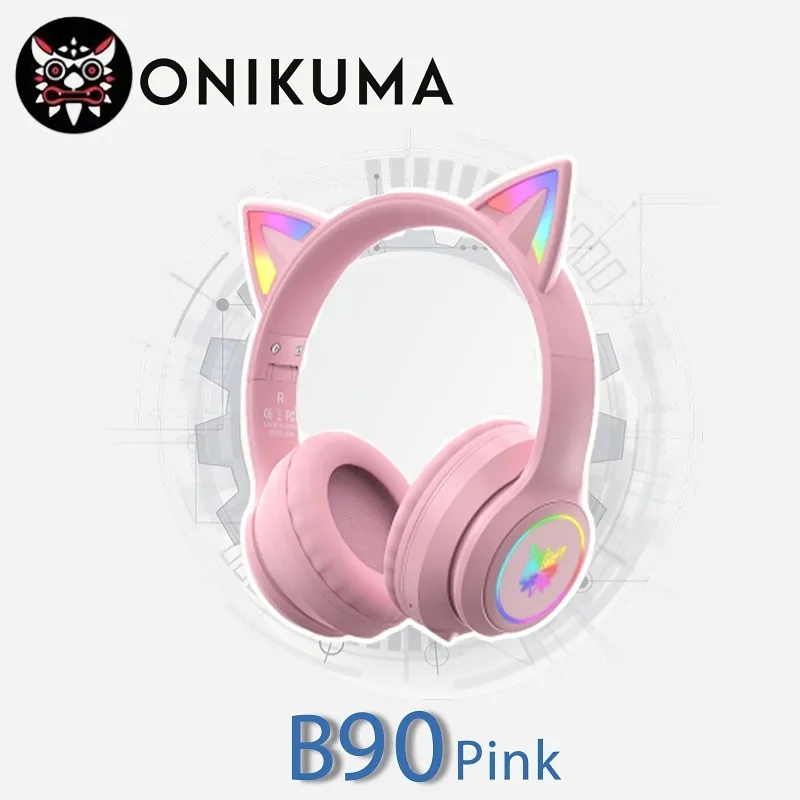 Onikuma B90 Pink Cat Ear Gaming Headset RGB Bluetooth 5.0 Foldable Wireless Headphones With HD Mic For PC Laptop Mobile Gaming