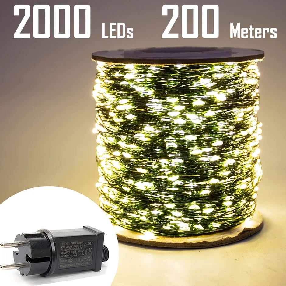 

200M 100M 50M Green Wire Outdoor LED String Lights Holiday Waterproof Fairy Garland for Christmas Tree Wedding Party Decoration