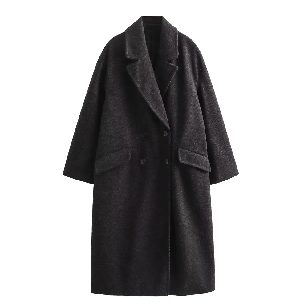 

BMURHMZA Autumn New Product Women's Loose Woolen Woolen Knitted Collar Double Row Buckle Medium Long Coat Windcoat Coat