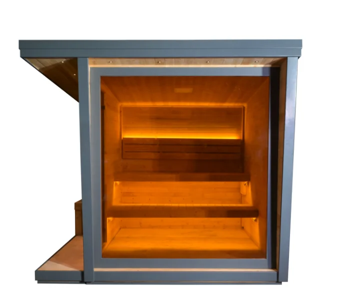 Luxury  6- Person Outdoor Black Square Sauna Room Spruce Cube Spa 6KW Heater with LED Outsider Sauna Room view 4