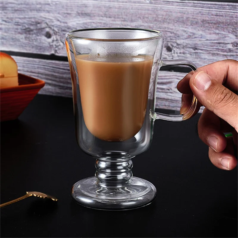 Double Wall Glass Irish Coffee Mug Bubble Tea Milkshake Cup Ice Cream Cup with Handle Milk Fruit Juice Glass Cup