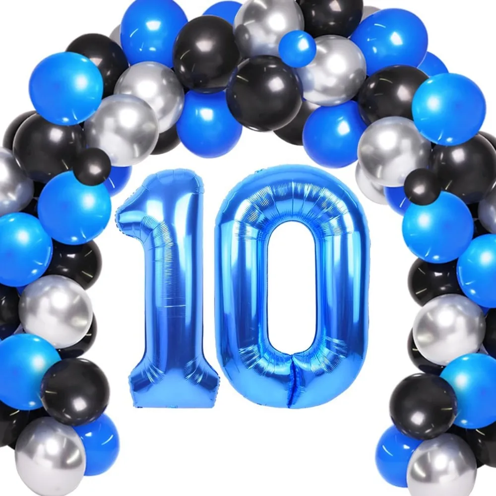 Merryplosion The main color scheme for the party decoration is blue, black, and silver balloons with a ten year old number