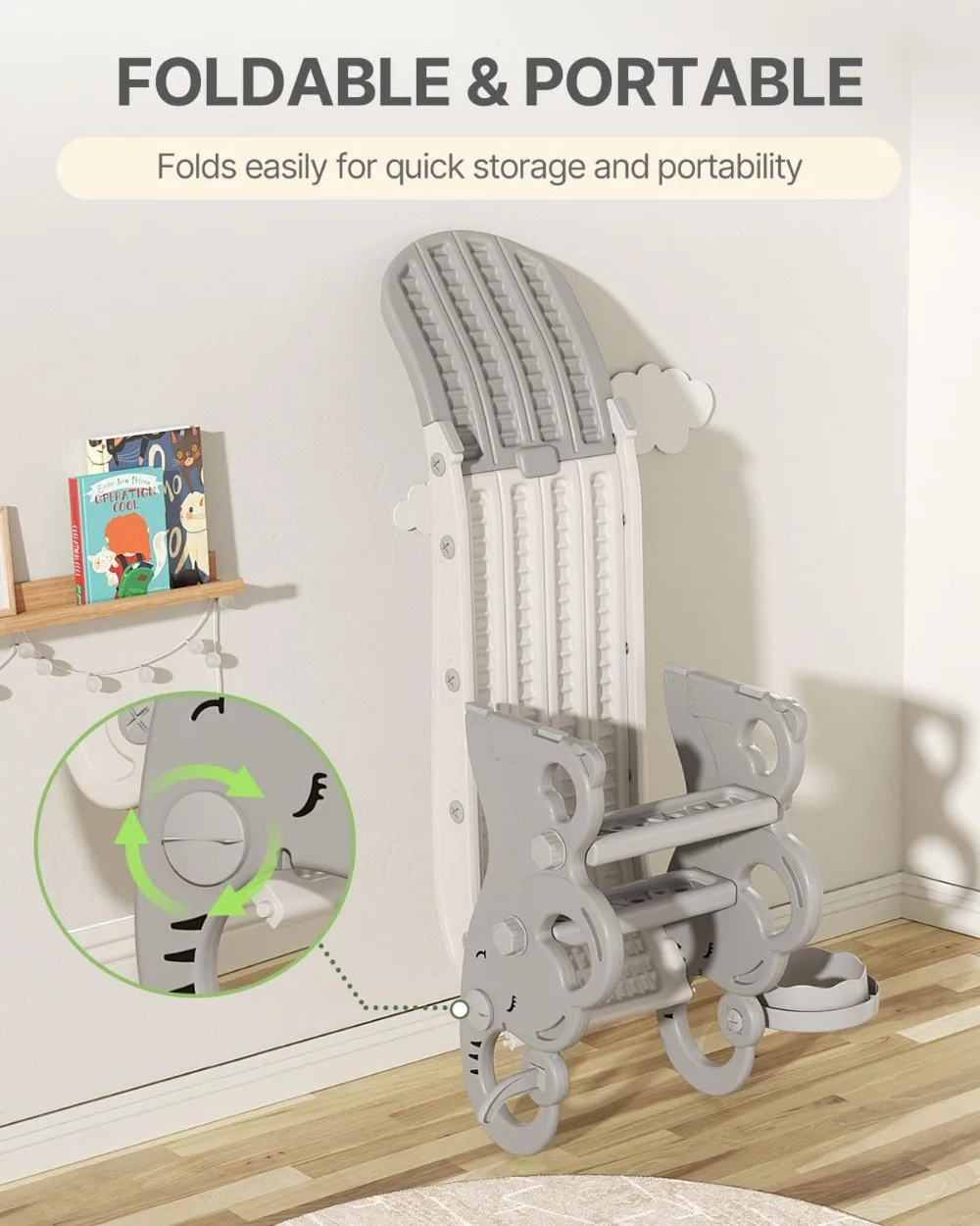 Corrediça dobrável para crianças com cesta de basquete e lançamento de anel, conjunto de jogos interno e externo para crianças de 1 a 3 anos