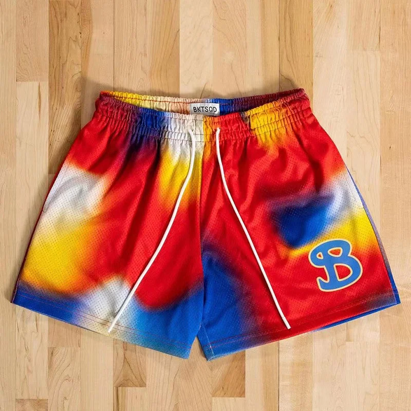 NEW summer Pigment mixed color mesh basketball shorts men quick drying loose sports short pants ventilate running beach shorts