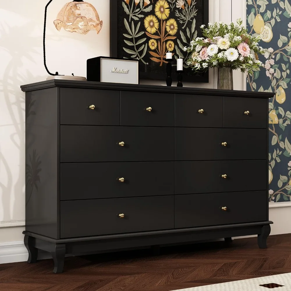 10 Drawer Dresser, Contemporary Dressing Table with Wooden Legs with Gold Handles for Bedroom Black (55.1