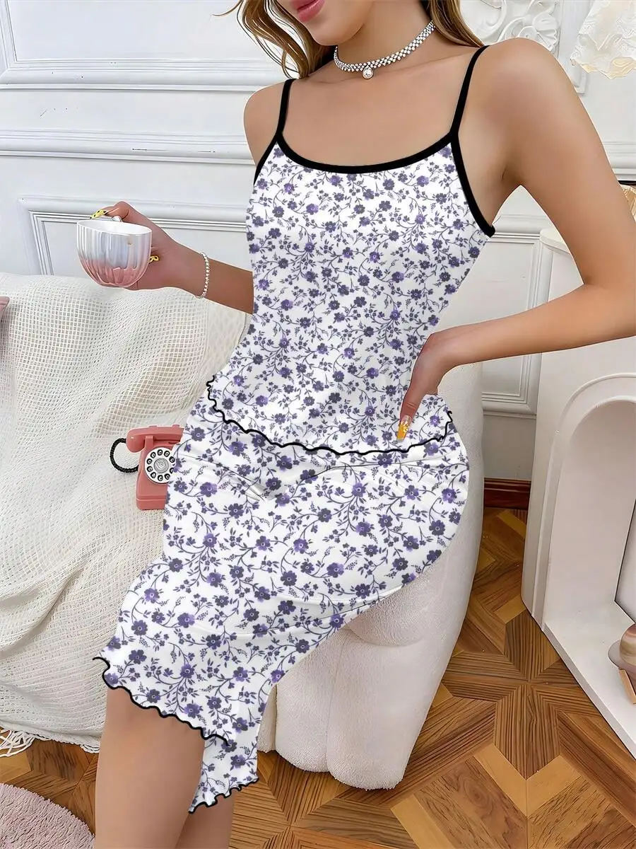 

Women Purple Floral Print Sleeveless Cami Top And Skirt Set Loungewear Nightwear