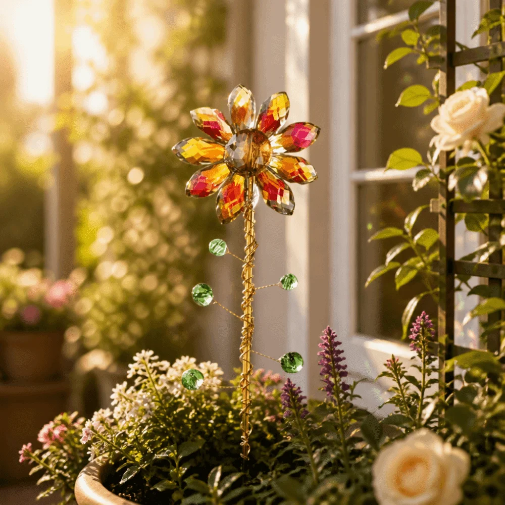 Colorful Crystal Sunflower Suncatcher Gold Trellis Imitation Flower Garden Decorative Pile Table Plant Rhinestone