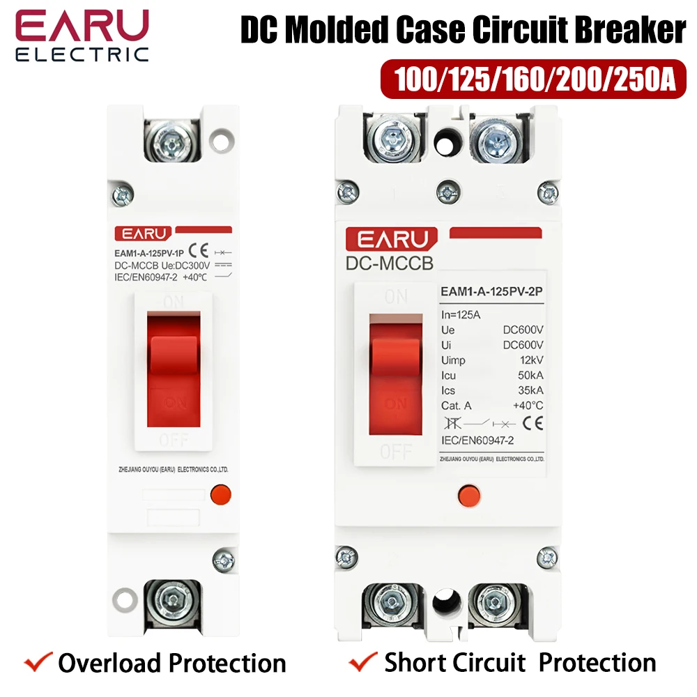 1P 2P DC 300/600V 100-250A Solar Molded Case Circuit Breaker MCCB Overload Protection Switch Protector for Solar Photovoltaic PV