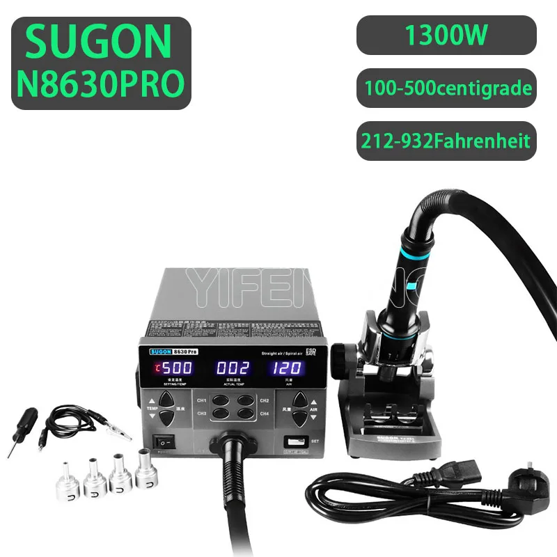 SUGON 8630Pro 1300W N202 220V N212 110VHot Air Gun Digital Display BGA Rework Station Curved Nozzle Welding  Desoldering Station