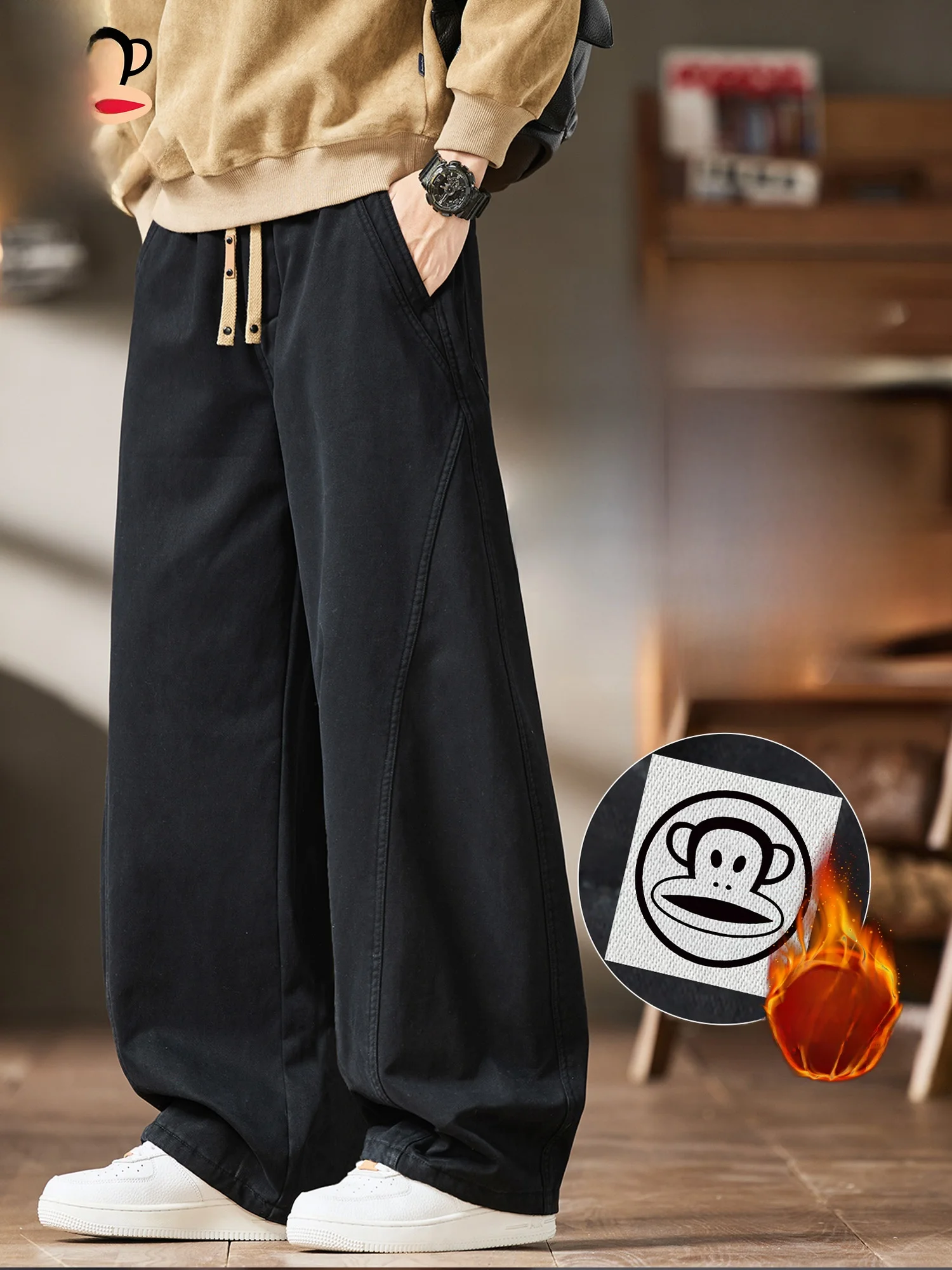 

Мужские утепленные повседневные рабочие брюки Paul Frank из чистого хлопка, весенние, теплые, свободные, для работы, с меховой отделкой