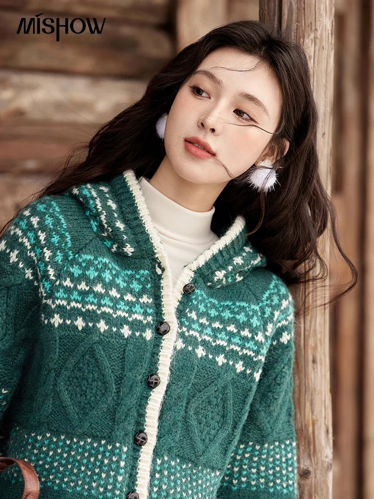 MISHOW Fair Isle Knitting Hooded Sweater Color Clash Wool Blend Coat Cardigan Women Single Breasted Top Office Lady MXD59Z1160