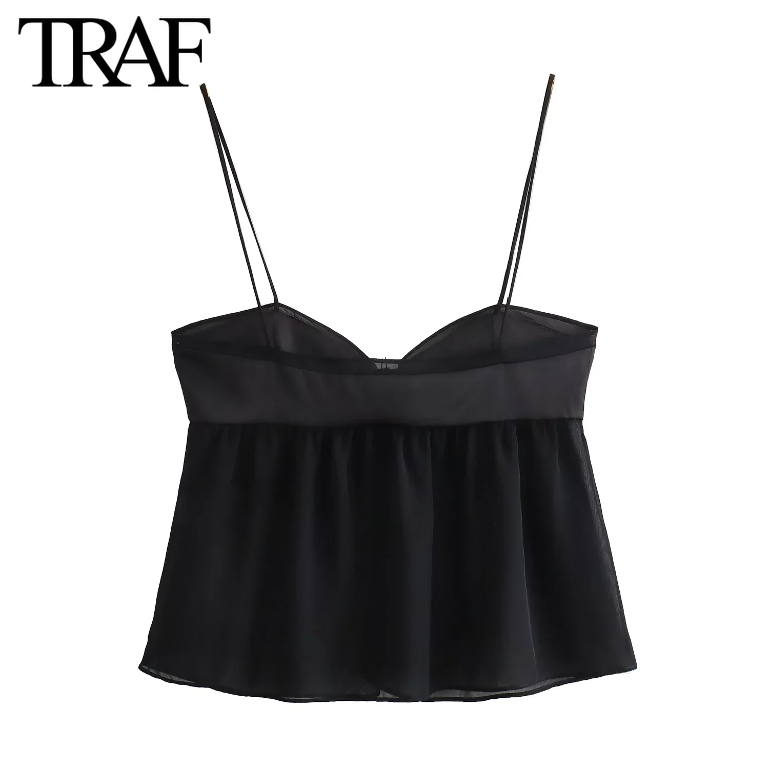 TRAF Women Fashion Summer New Black Half Perspective Backless Sling Crop Top Chic Female Sexy Streetwear Vest Mujer