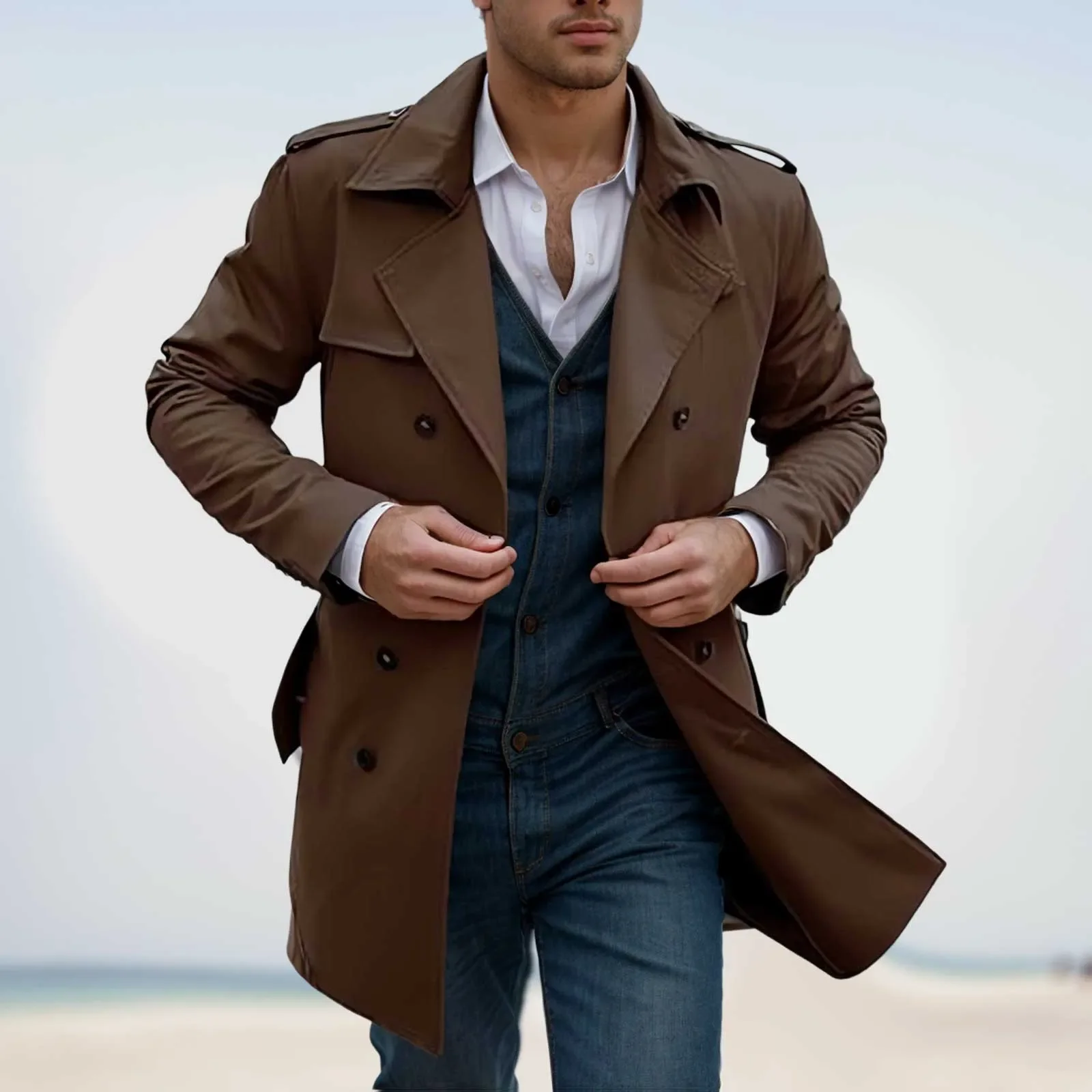 Fashion Classical Men's Woolen Jackets Autumn Winter New Lapel Double Button Windbreaker Trench Coat Belt Cold Mid-Long Overcoat